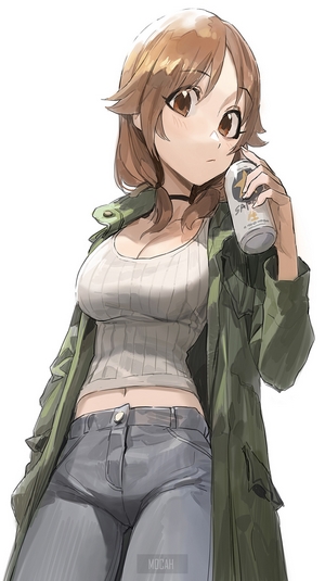 Anime girl holding a can of Sapporo beer