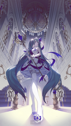 Anime girl with long blue pigtails holding a staff