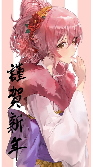Anime girl with pink hair and flowers in kimono