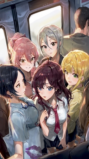 Anime girls on a crowded train