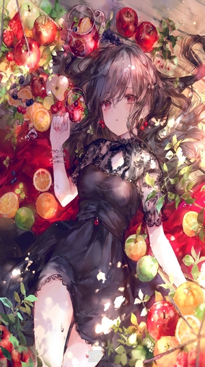 Anime girl lying in fruit