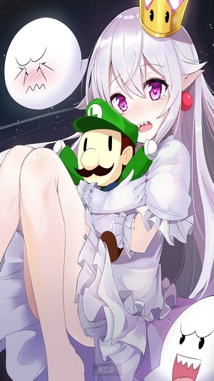 Booette from Super Mario holding Luigi plush