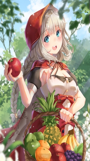 Anime girl in red hood holding apple with fruit basket