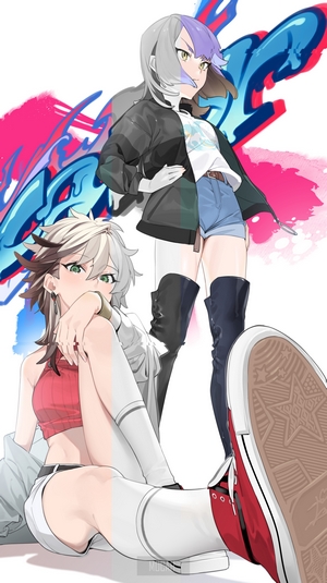 Two anime girls with graffiti background