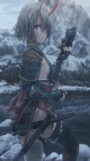 Demon Horned Samurai Girl with Oni Mask in Mountains