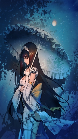 Anime Girl with White Dress and Umbrella at Night