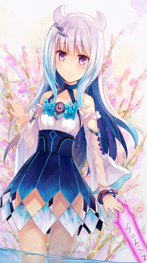 Anime girl with blue and white hair holding a sword