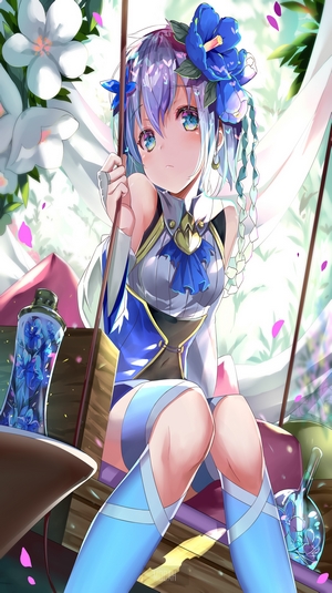 Anime girl with blue flowers in hair on a swing