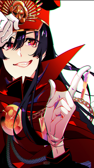 Anime character with red eyes and black hair in a red uniform