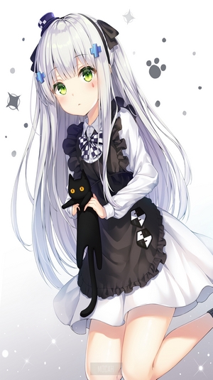 Anime girl in maid outfit holding a black cat