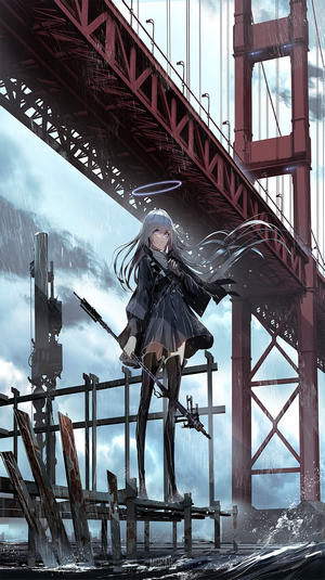 Anime girl with halo and rifle under a bridge