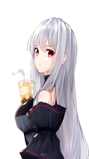 Skadi from Arknights holding bubble tea