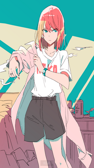 Anime girl with pink and blonde hair wearing a t-shirt and shorts