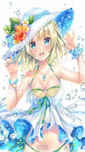 Anime girl with blonde hair and blue eyes wearing a straw hat