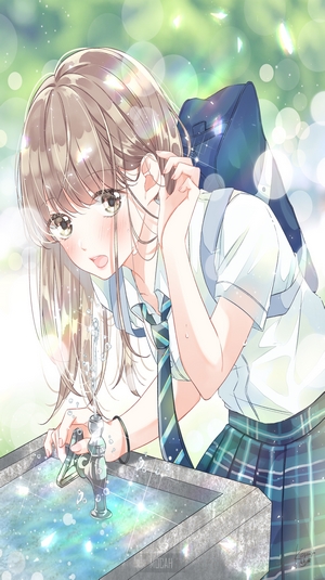 Anime girl in school uniform at a water fountain