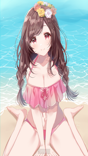 Anime girl in pink bikini at the beach
