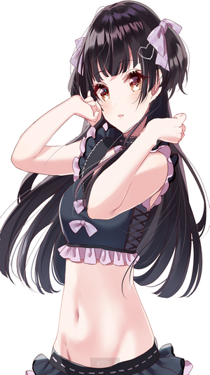 Anime girl with black hair and purple ribbons