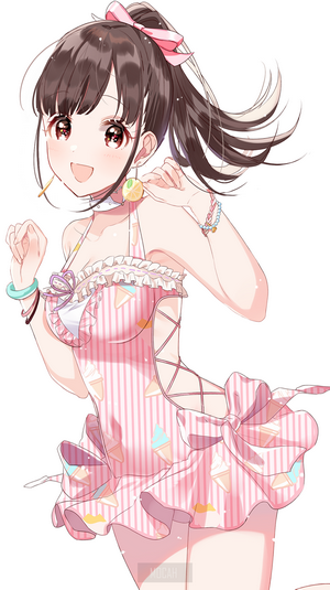 Anime girl in a pink swimsuit with ice cream pattern