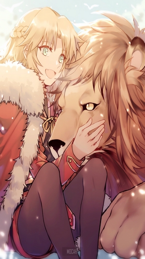 Mordred from Fate/Apocrypha with a lion