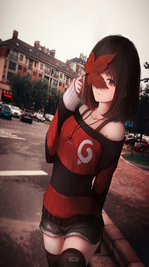 Anime girl with black hair holding a leaf