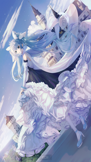 Hatsune Miku from Vocaloid in a white dress with blue hair