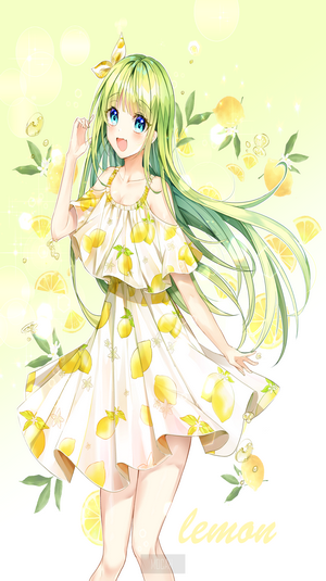Anime girl with long green hair in a lemon-print dress