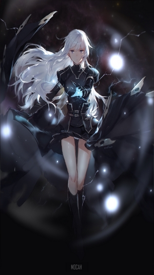 Electric White-Haired Anime Girl in Dark Dress
