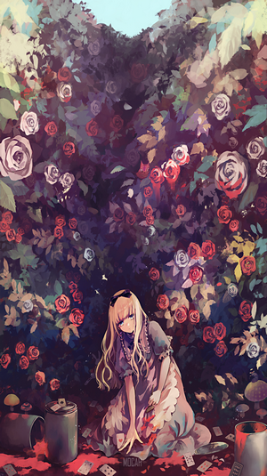 Alice from Alice in Wonderland in a rose garden