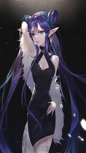 Anime elf girl in black dress with white fur