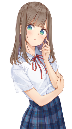Anime girl with brown hair and green eyes in school uniform