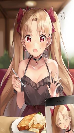 Anime girl with blonde pigtails eating toast in a restaurant