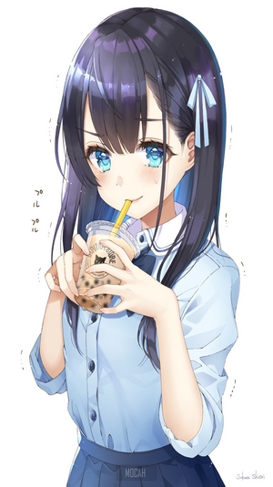 Anime Girl with Blue Eyes Drinking Bubble Tea