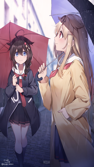 Two anime girls with umbrellas in the rain