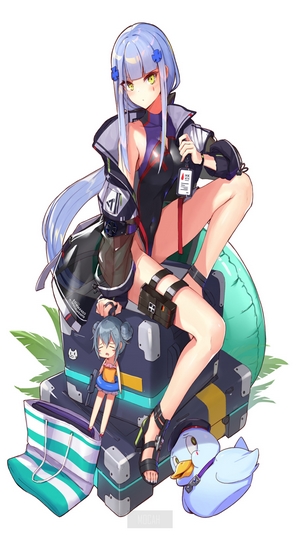 HK416 from Girls Frontline sitting on luggage