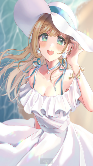 Anime girl with blonde hair and green eyes at the beach