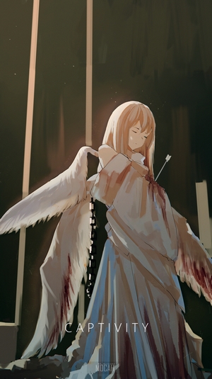 Angel with wings pierced by arrow in captivity