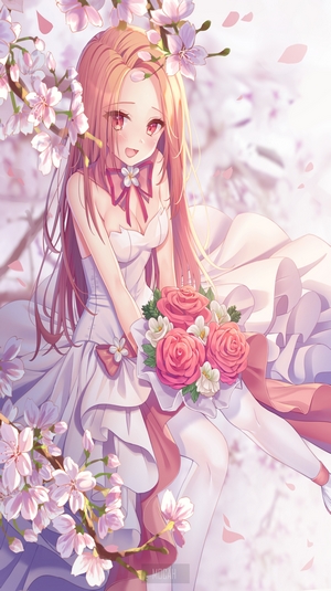Blonde Anime Girl in White Dress with Roses