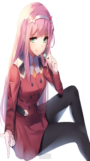 Zero Two from Darling in the FranXX holding a lollipop
