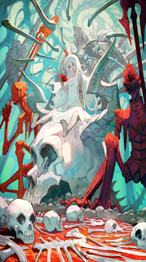 Anime girl with white hair and red eyes on a skull throne