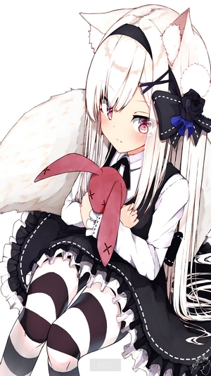 Anime girl with white hair and fox ears holding a plush toy