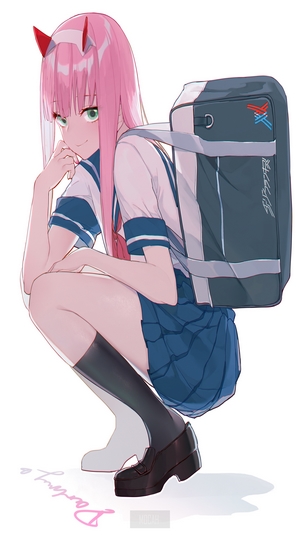 Zero Two from Darling in the FranXX with a backpack