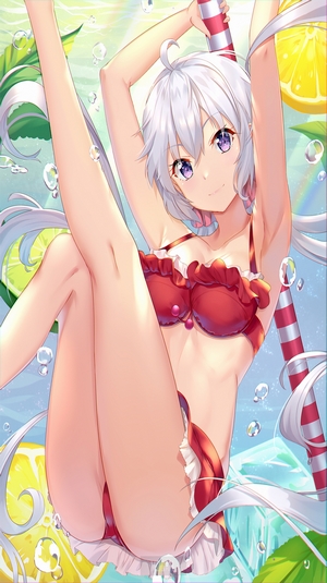 White-Haired Anime Girl in Red Bikini