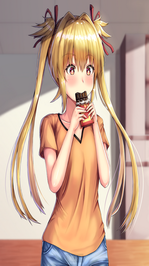 Anime girl with blonde pigtails eating chocolate