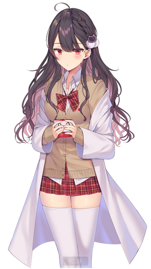 Anime girl with long black hair, red eyes, school uniform, holding a cup