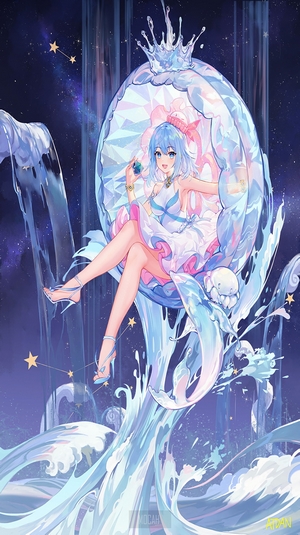Anime girl with blue hair in a crystal throne