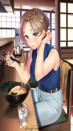 Anime girl eating ramen in a restaurant