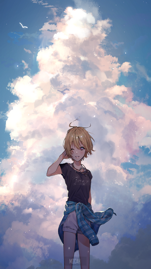 Anime girl with blonde hair and blue eyes in the sky
