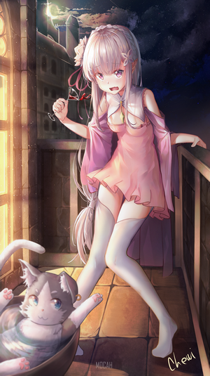 Emilia from Re:Zero holding wine with Puck