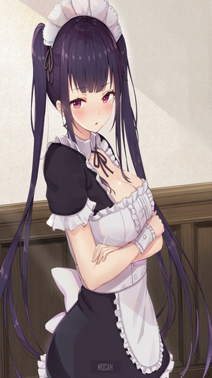 Anime girl in maid outfit with purple twin tails