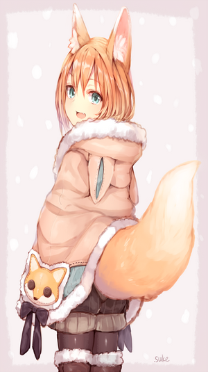 Cute Fox Girl with Fluffy Tail in Winter Outfit